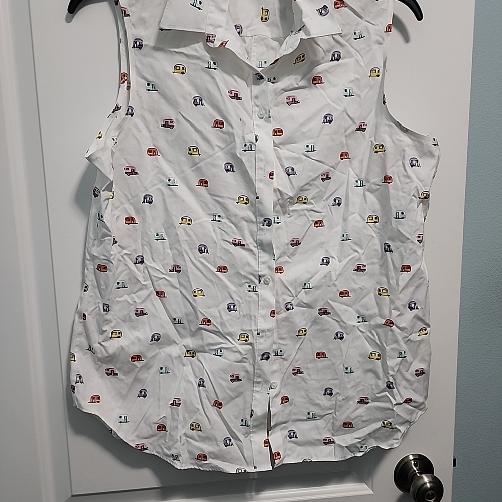 Lands' End White Blouse with RV Camping Print